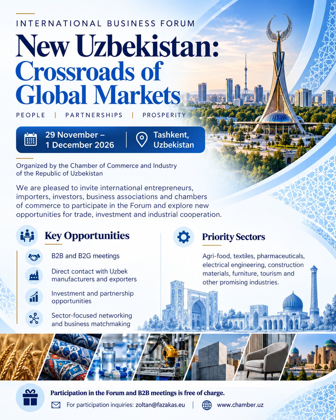 International Business Forum: New Uzbekistan – Crossroads of Global Markets. Tashkent, 29 November – 1 December 2026